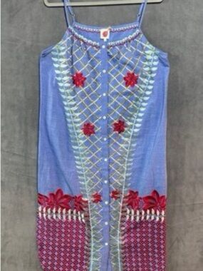 Anthropologie Sleeveless Embroidered Midi Dress with Red Accents. Floral Slip